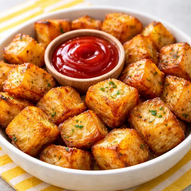 Crispy baked halloumi potato squares seasoned and perfectly roasted on a plate.
