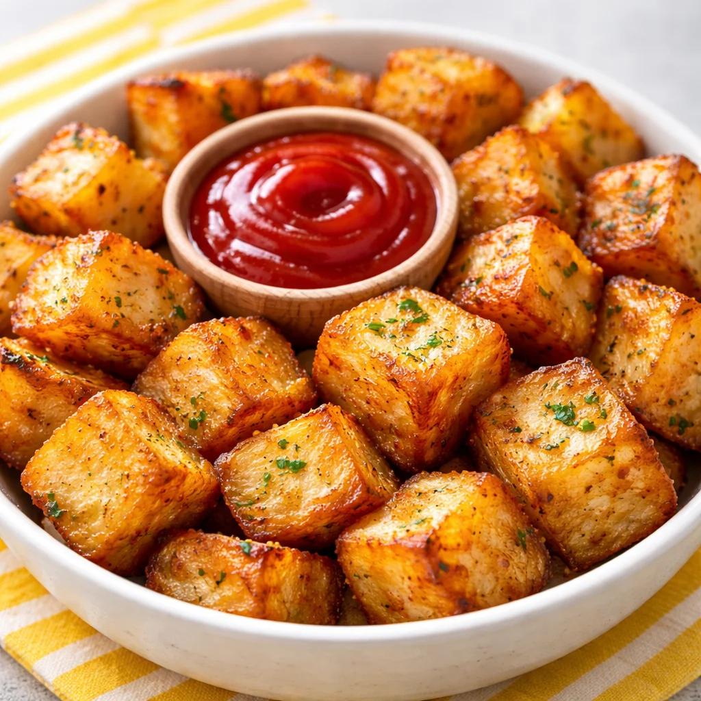 Crispy baked halloumi potato squares seasoned and perfectly roasted on a plate.