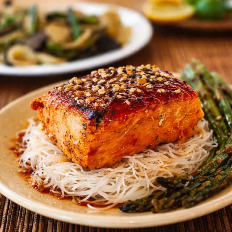 Honey sesame salmon served over rice noodles with colorful roasted veggies.