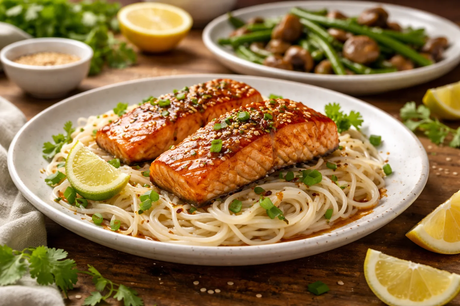 Honey Sesame Salmon with Rice Noodles & Roasted Veggies Delight