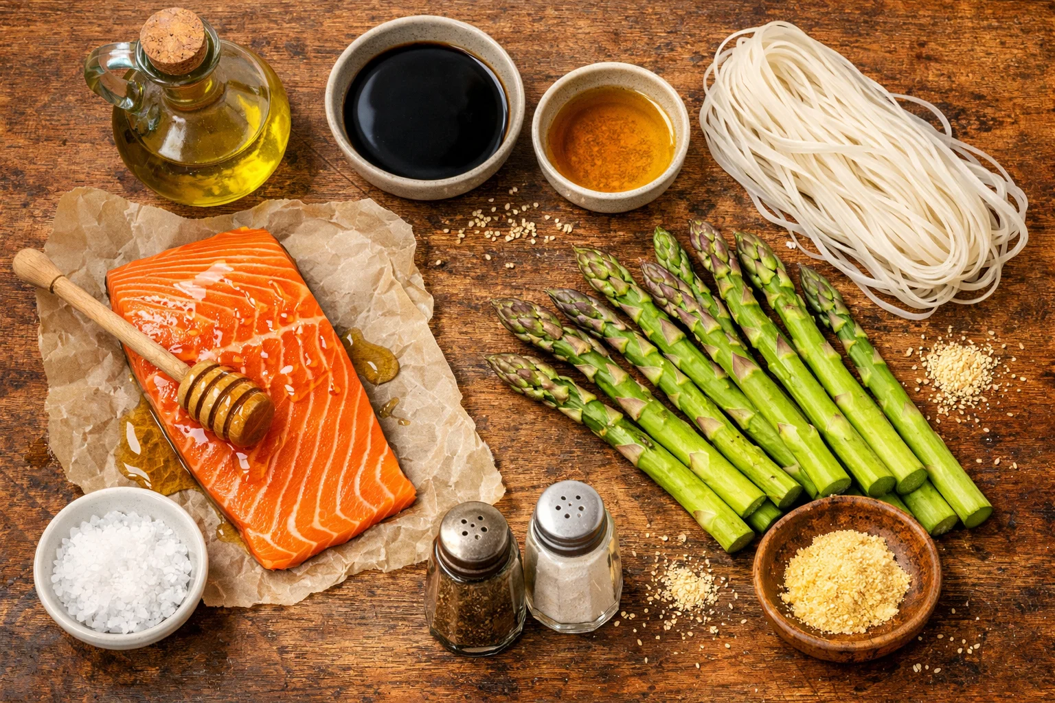 honey sesame salmon with rice noodles roasted veggies