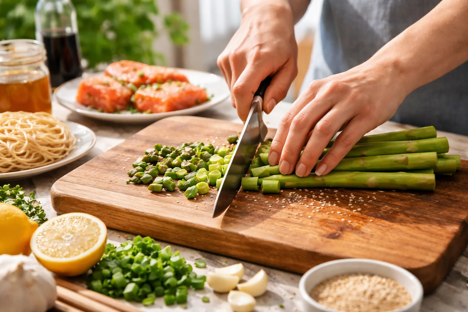 Honey Sesame Salmon with Rice Noodles & Roasted Veggies Delight