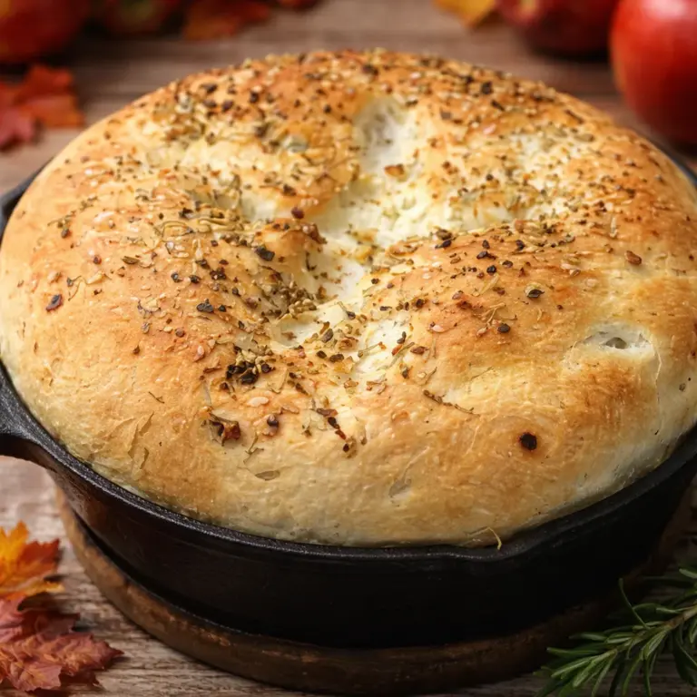 Homemade rustic garlic rosemary skillet bread baked in a cast iron skillet.