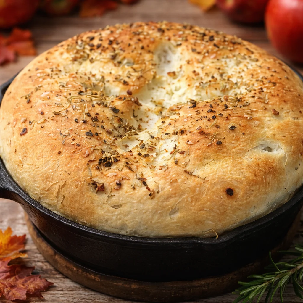 Homemade rustic garlic rosemary skillet bread baked in a cast iron skillet.