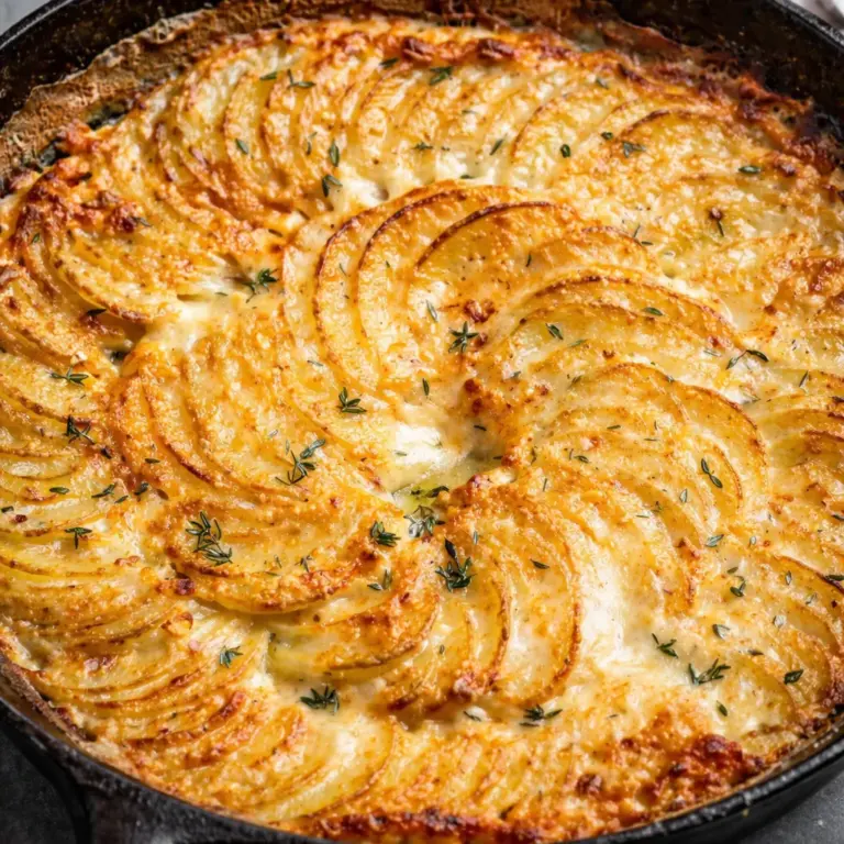A delicious crispy parmesan and gruyere potato gratin topped with melted cheese.