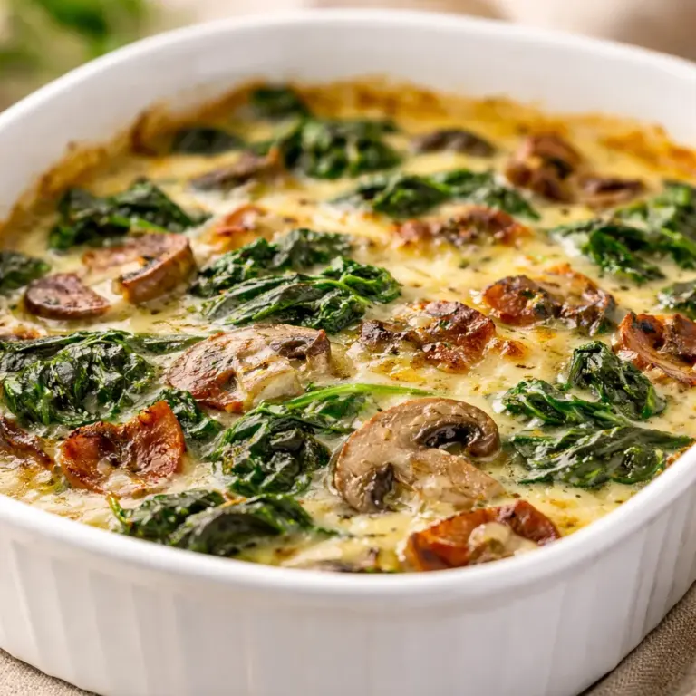 Creamy bacon portobello mushroom gratin topped with cheese and fresh herbs