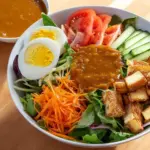 A bowl of authentic Thai Peanut Dressing for salad kaeg, showcasing creamy texture and vibrant color.