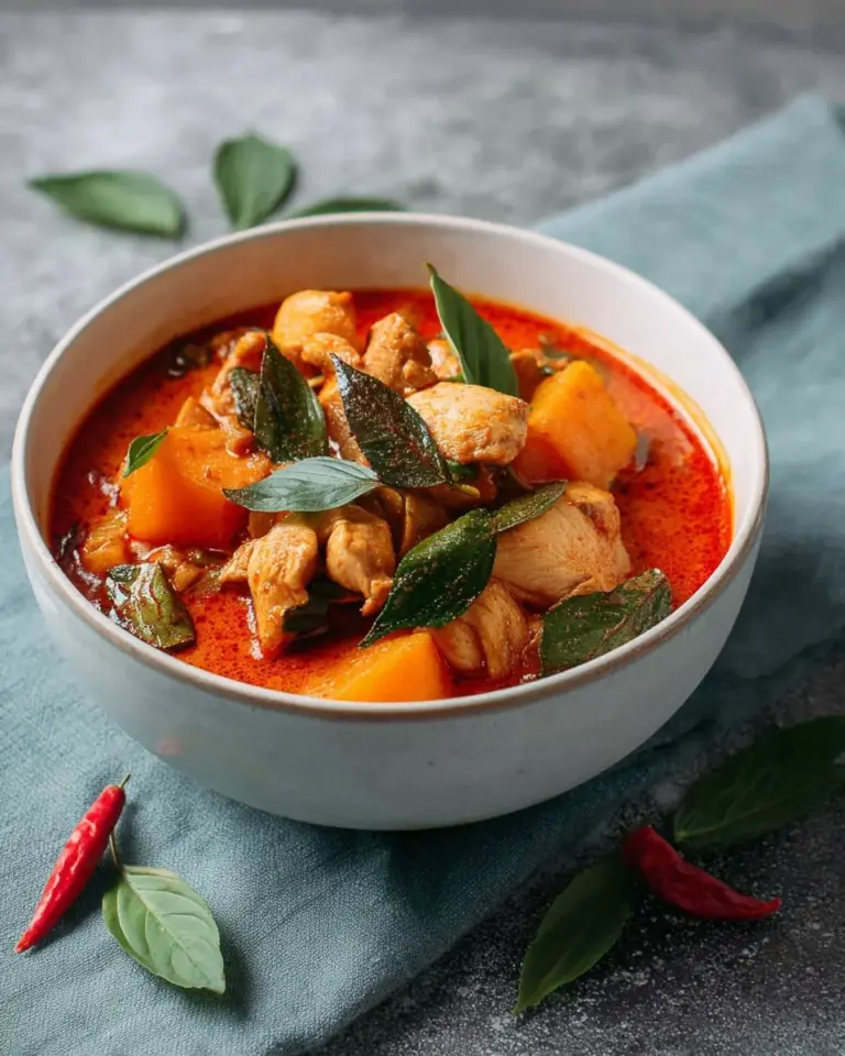 Bowl of authentic Thai Red Curry with Chicken garnished with fresh herbs