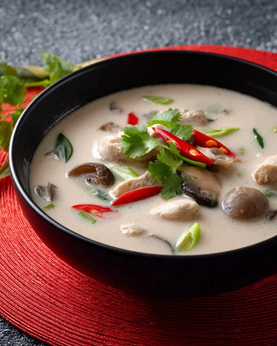 Bowl of authentic Tom Kha Gai - Thai coconut chicken soup garnished with herbs