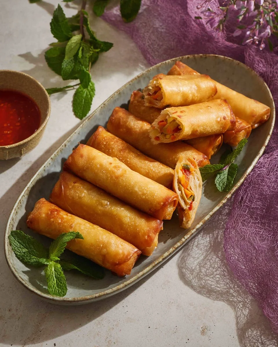 Delicious crispy spring rolls served with dipping sauce, Thai style.