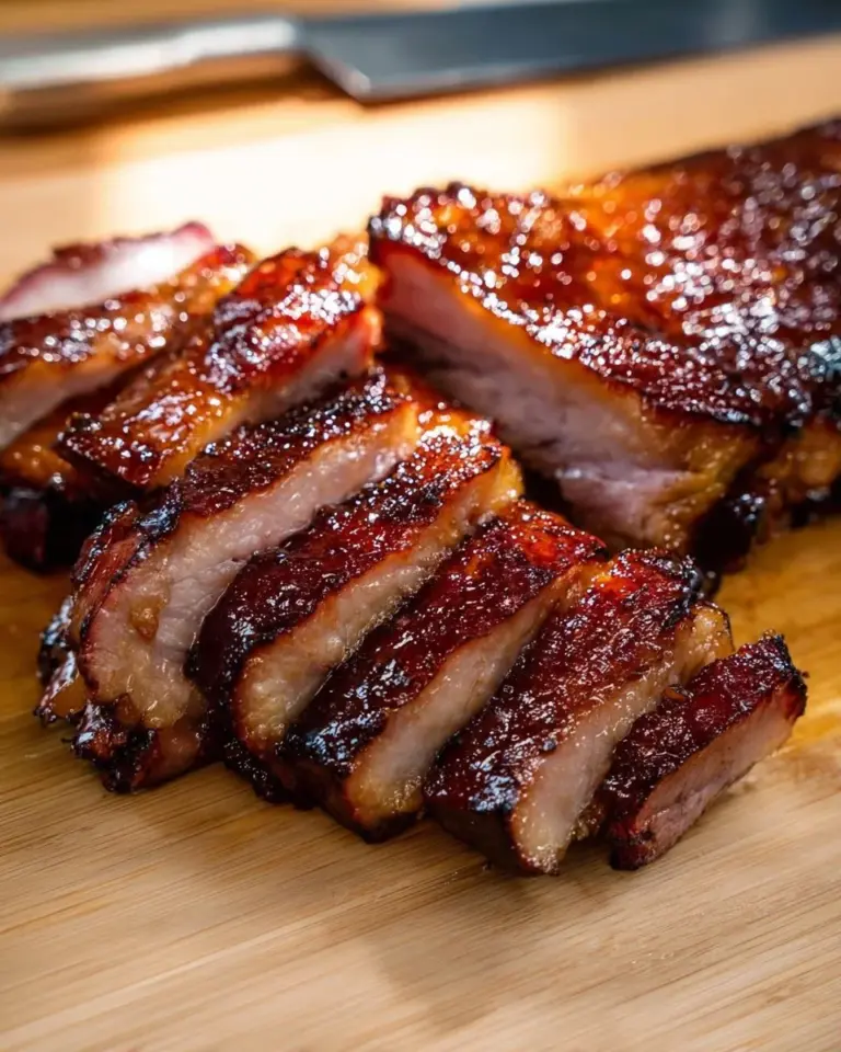 Delicious Char Siu, traditional Chinese BBQ pork, glazed and ready to serve.