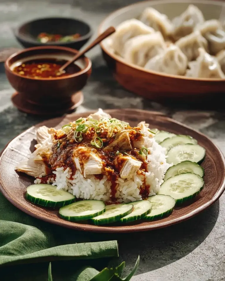 Plate of classic Hainanese chicken rice garnished with fresh herbs and sauces.
