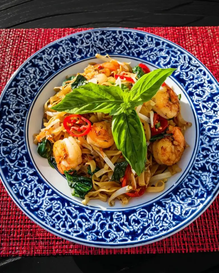 Plate of spicy drunken noodles garnished with vegetables and herbs
