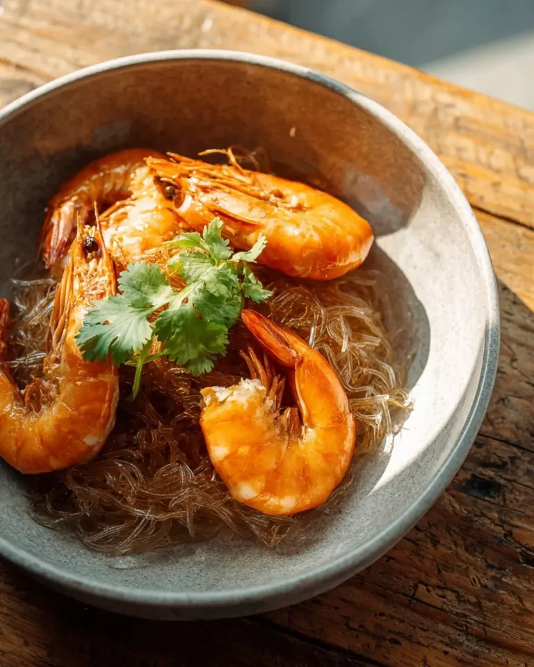 Plate of Ginger Shrimp with Glass Noodles garnished with fresh herbs