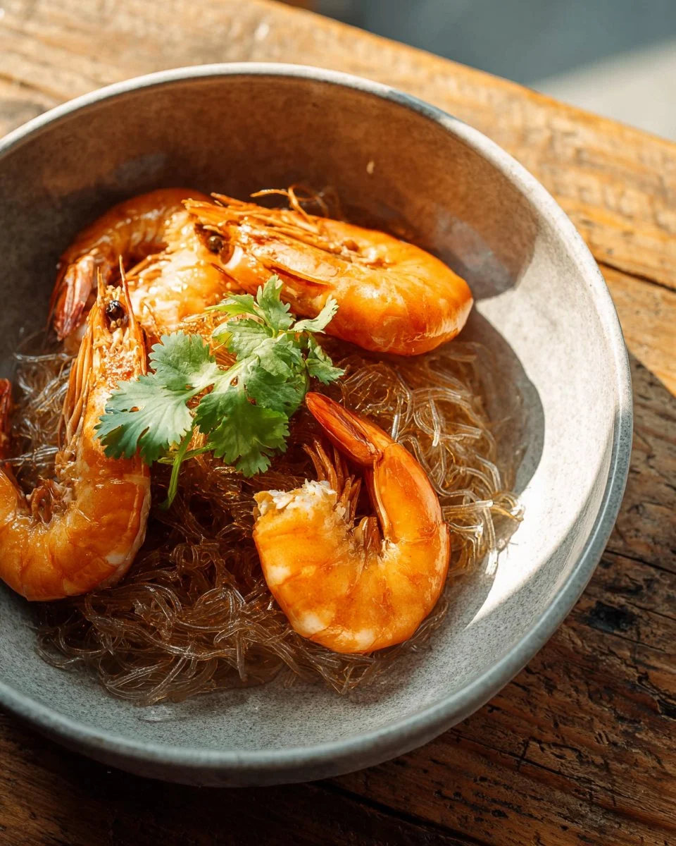 Plate of Ginger Shrimp with Glass Noodles garnished with fresh herbs