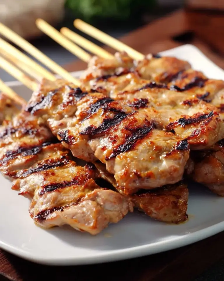 Grilled pork skewers served with sticky rice on a plate