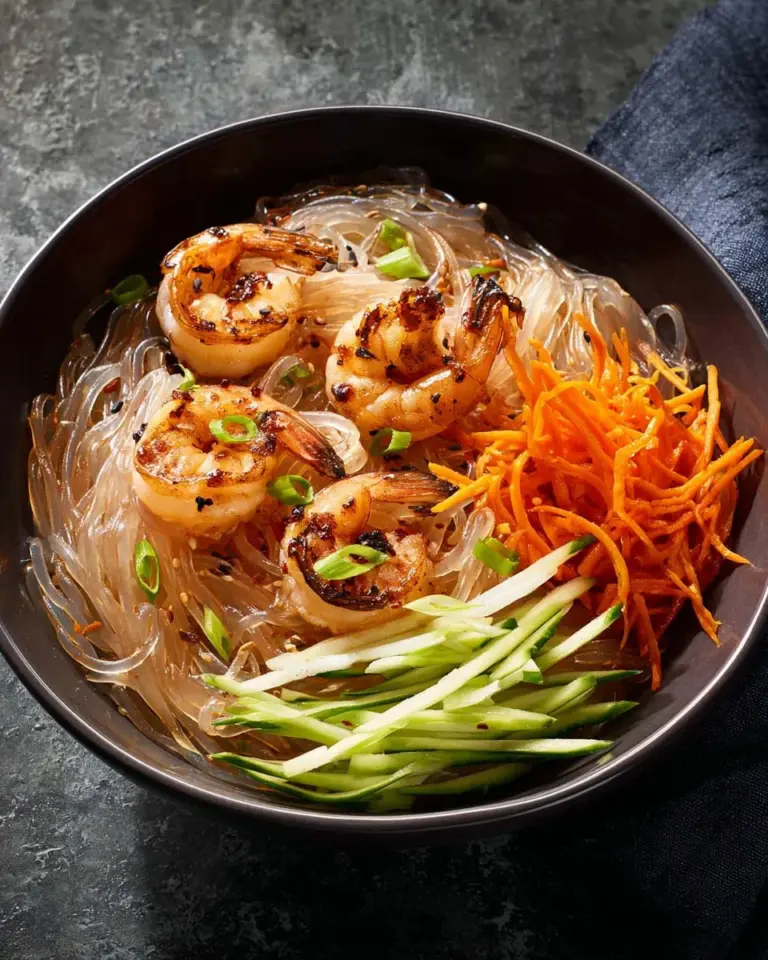 Homemade glass noodles with sesame soy dressing in a bowl