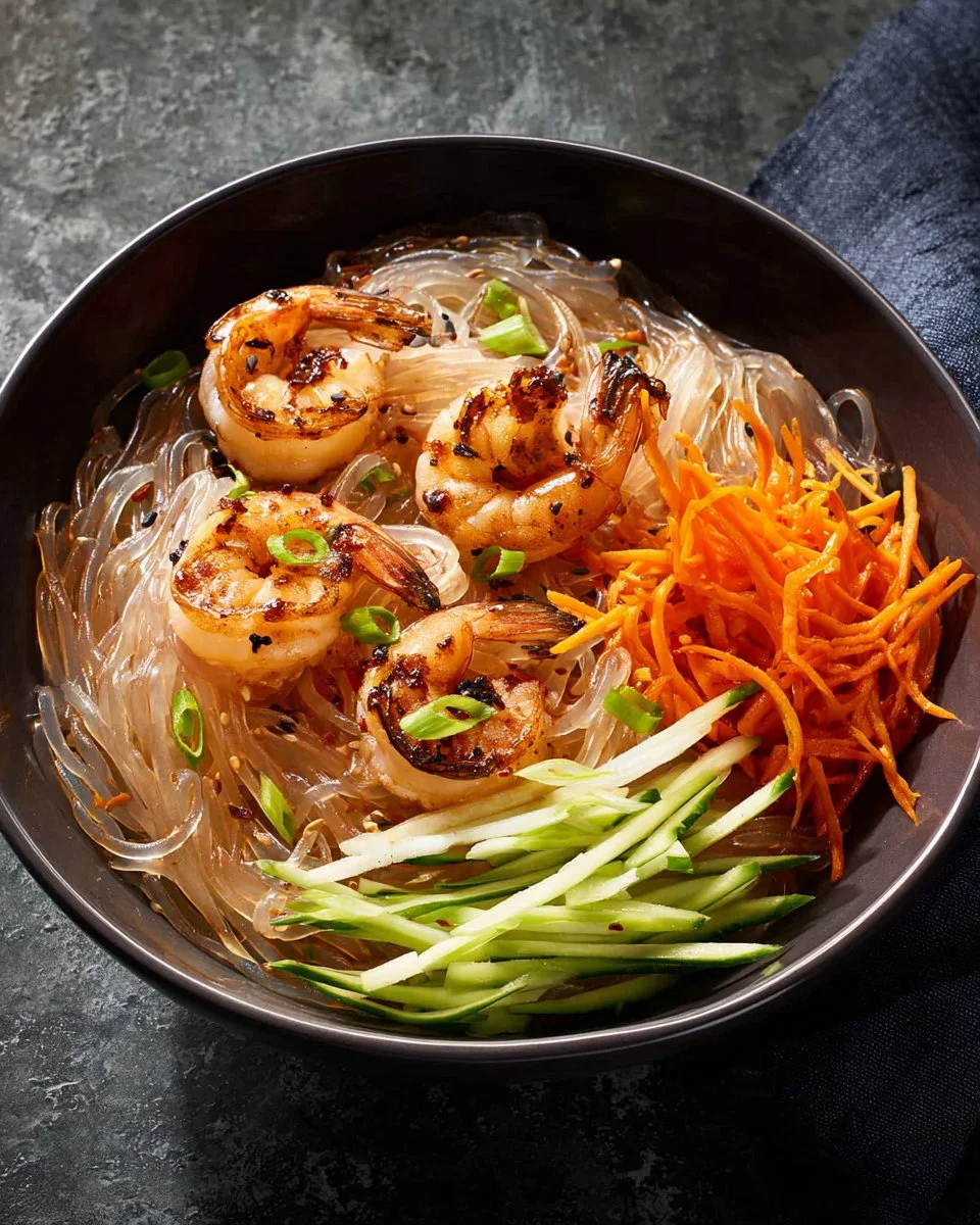 Homemade glass noodles with sesame soy dressing in a bowl