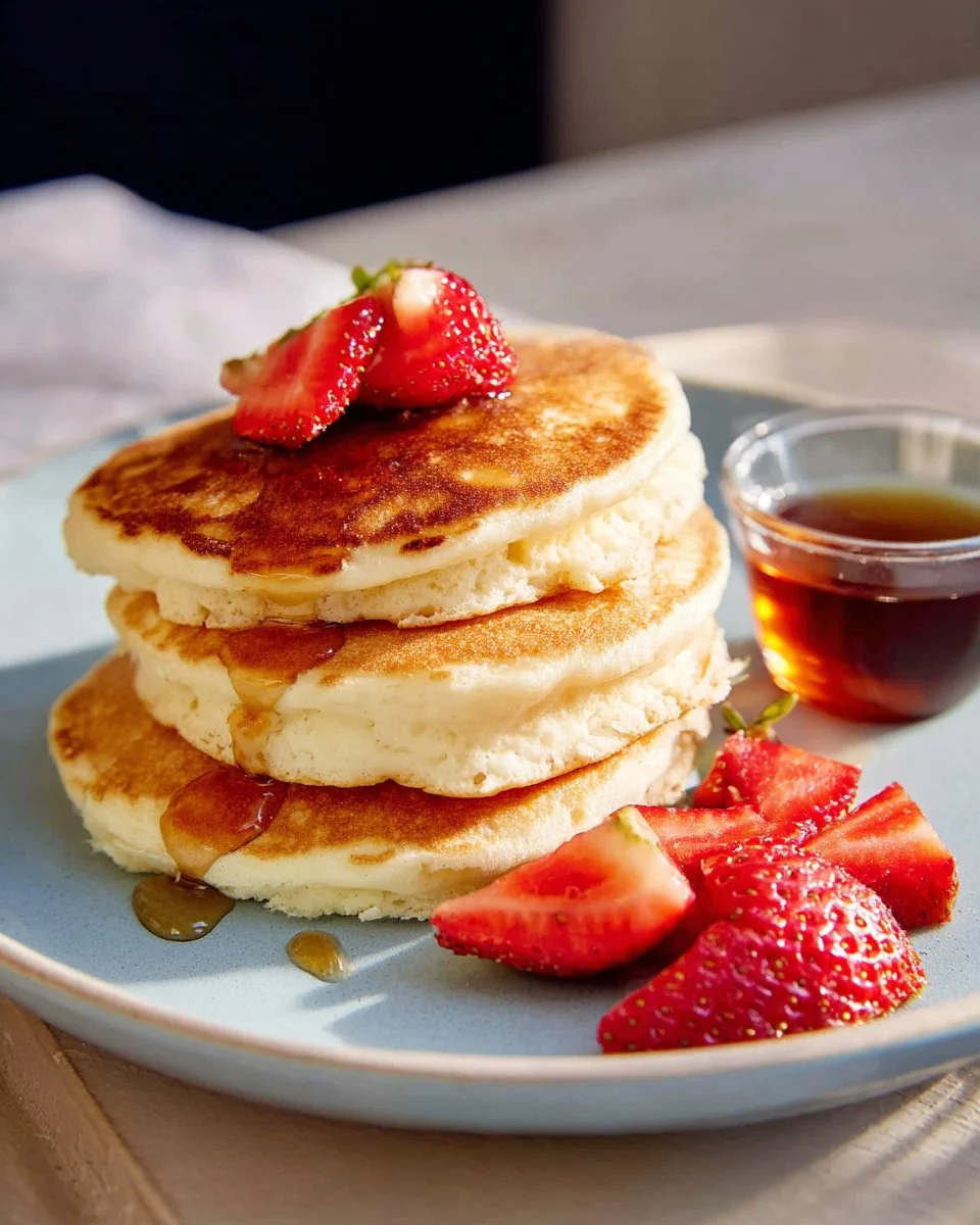 Fluffy pancakes stacked on a plate, drizzled with syrup and topped with fresh berries.