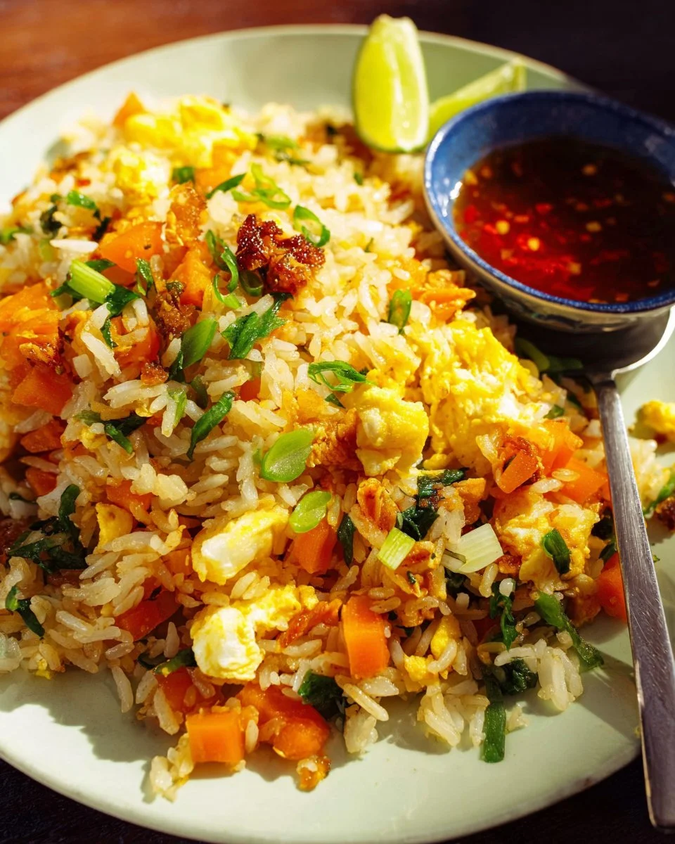 Delicious plate of salted fish fried rice with vegetables and herbs