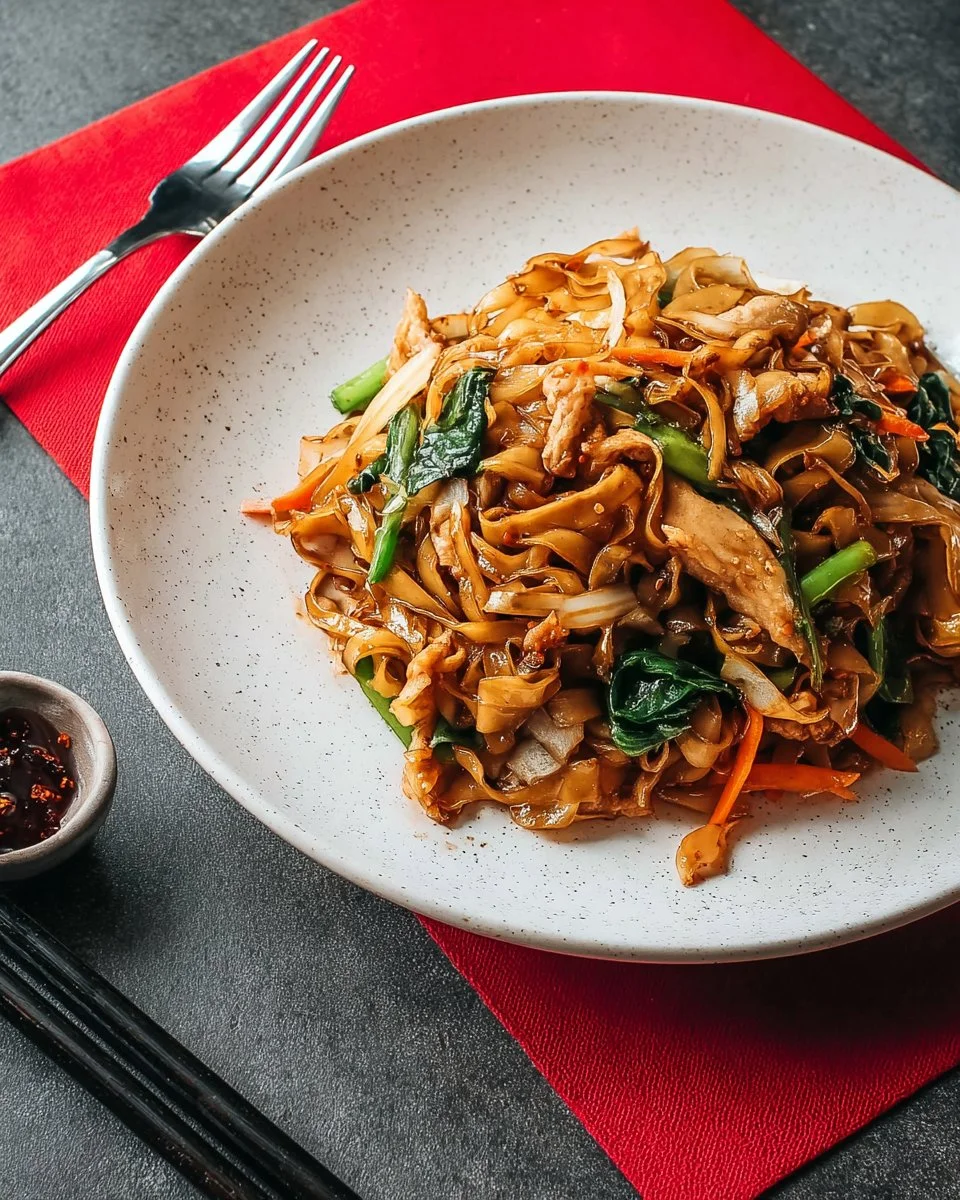 Bowl of stir-fried noodles with soy sauce, garnished with vegetables
