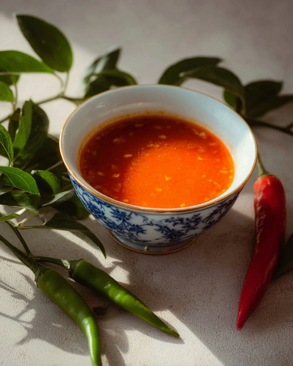 Bottle of Thai chili vinegar with fresh chilies for a spicy condiment
