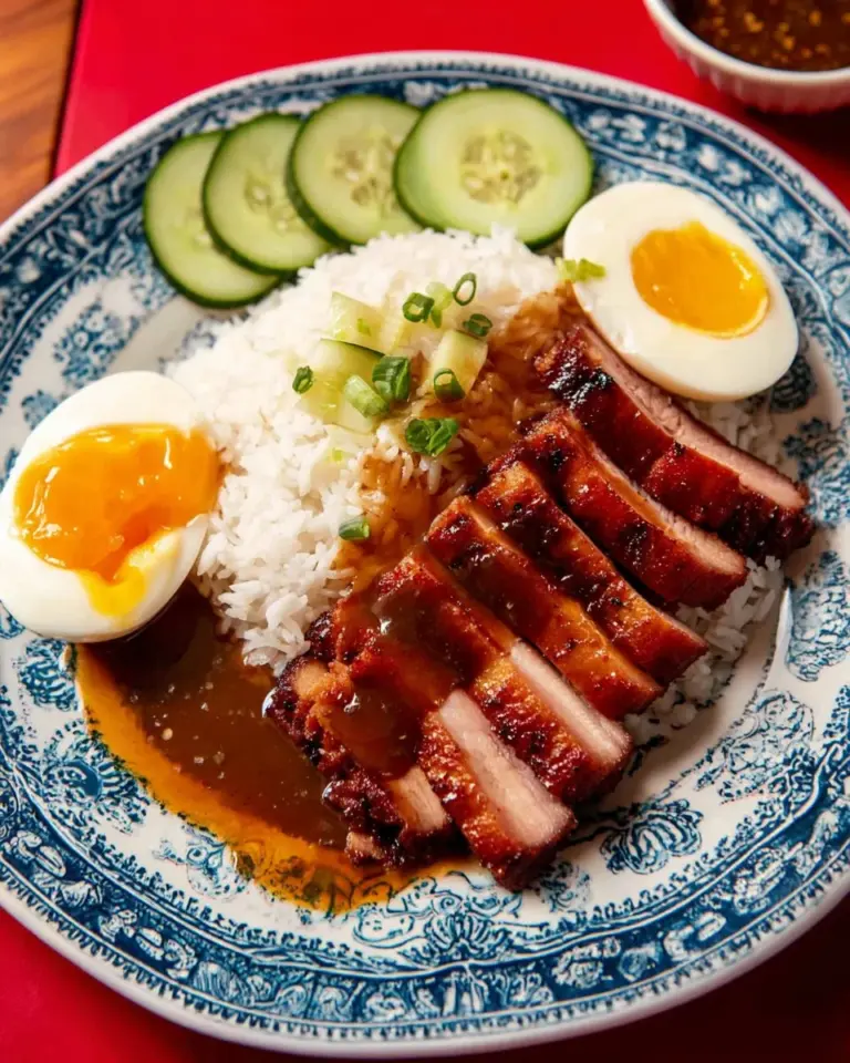 Delicious Thai-Chinese BBQ Pork Rice served in a bowl with fresh herbs.