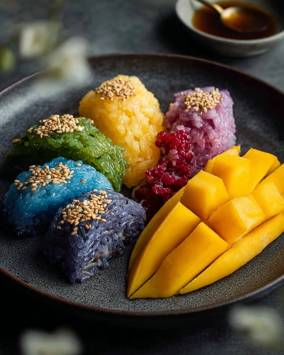 Delicious plate of Thai mango sticky rice with fresh mango slices and coconut sauce.