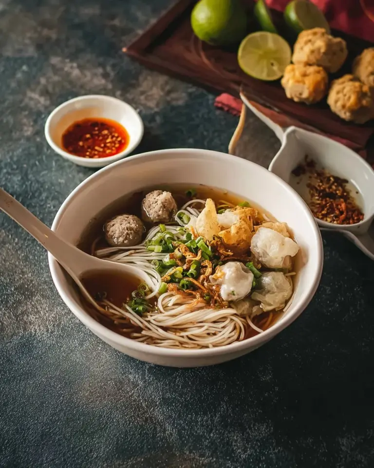 Bowl of Thai Pork Bone Noodle Soup with garnishes and noodles