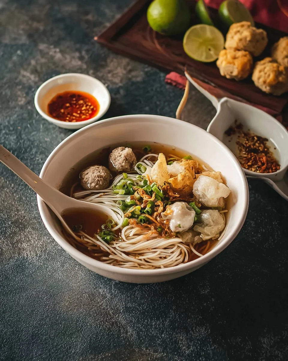 Bowl of Thai Pork Bone Noodle Soup with garnishes and noodles