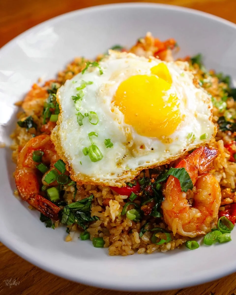 Plate of Thai Tom Yum Fried Rice garnished with fresh herbs and lime.