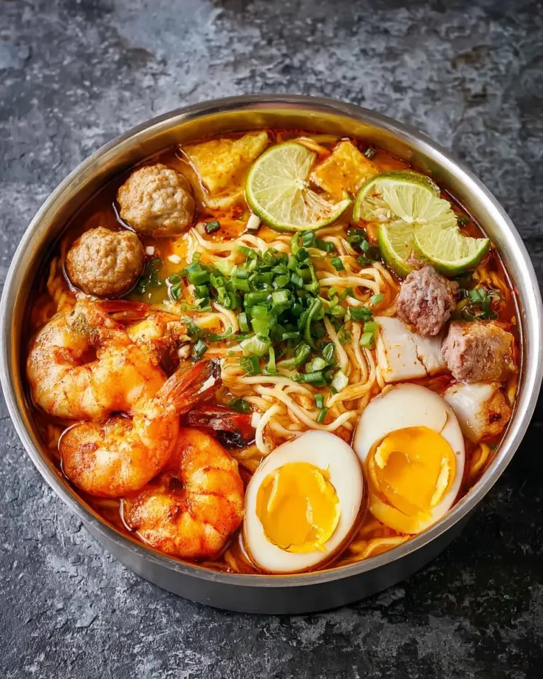 Tom Yum Mama Noodles with pork and seafood in a bowl