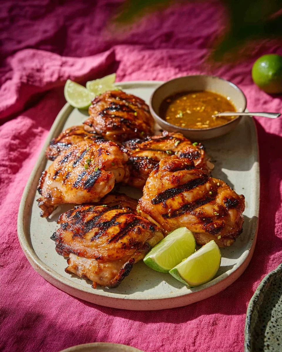Grilled Thai BBQ Chicken Gai Yang served with spicy dipping sauce.