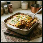 Cheesy baked Mexican lasagna casserole served on a plate with toppings