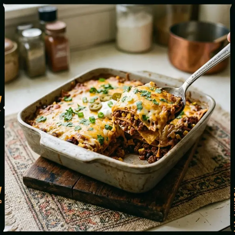 Cheesy baked Mexican lasagna casserole served on a plate with toppings
