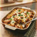 Delicious dump and bake chicken parmesan casserole in a baking dish