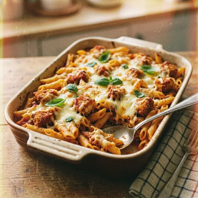 Delicious dump and bake chicken parmesan casserole in a baking dish