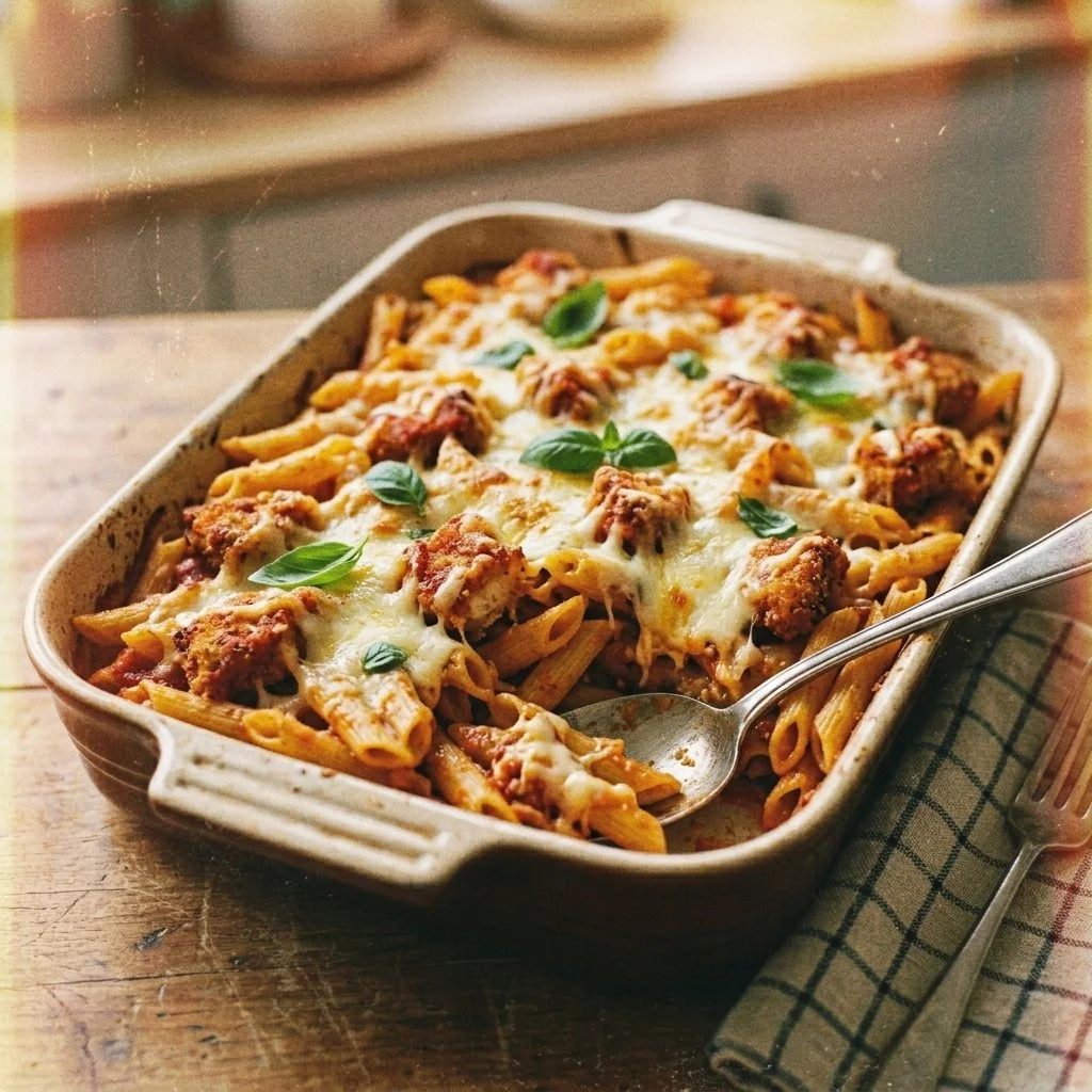Delicious dump and bake chicken parmesan casserole in a baking dish