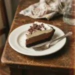 Delicious slice of easy chocolate cream pie with chocolate topping and whipped cream