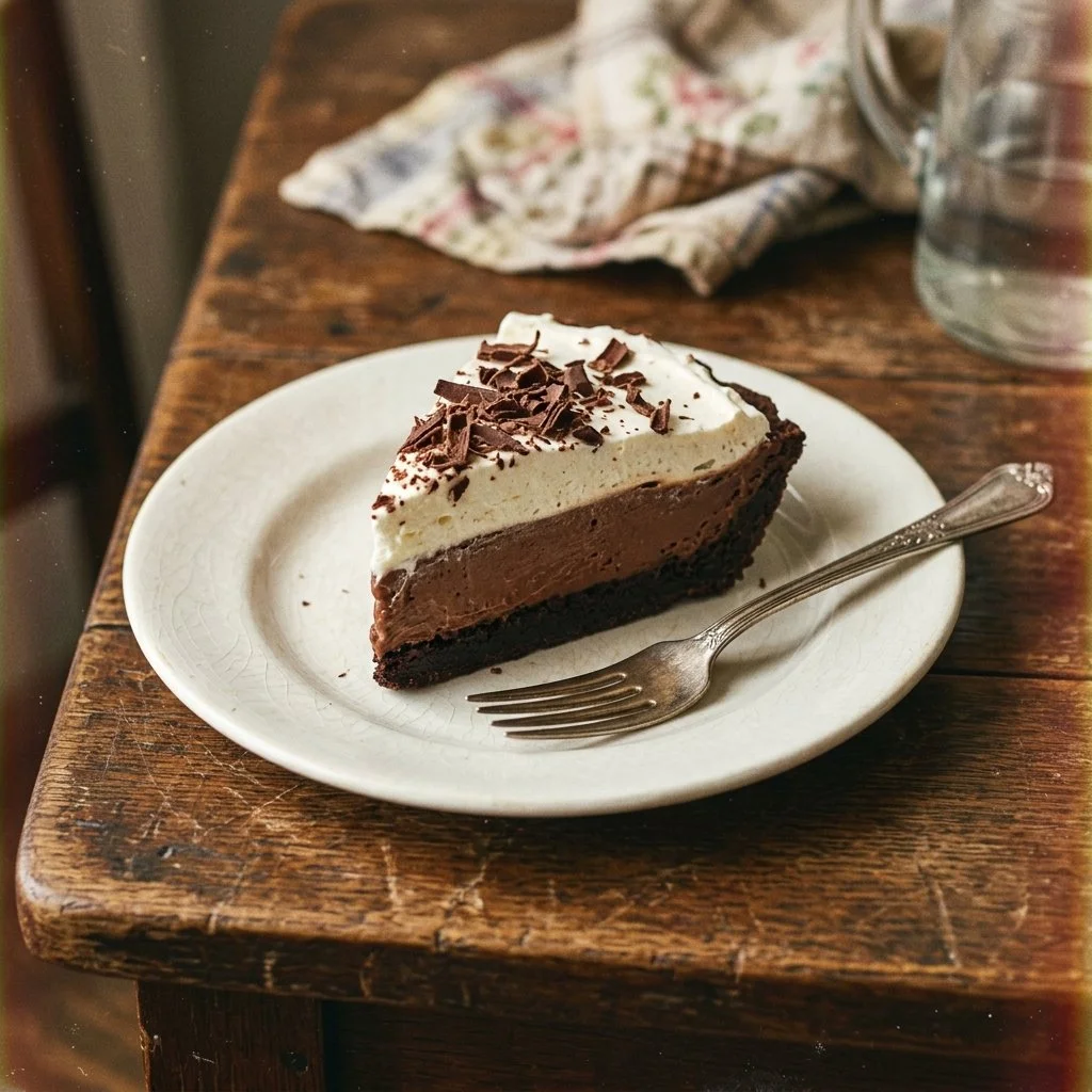 Delicious slice of easy chocolate cream pie with chocolate topping and whipped cream