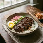 Korean BBQ steak rice bowls with vegetables and sauce