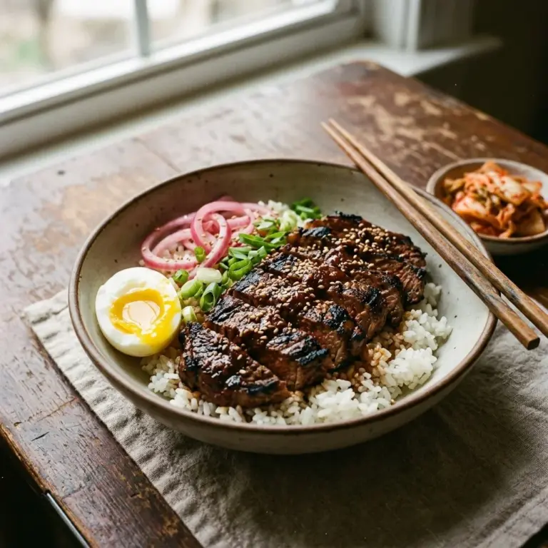 Korean BBQ steak rice bowls with vegetables and sauce