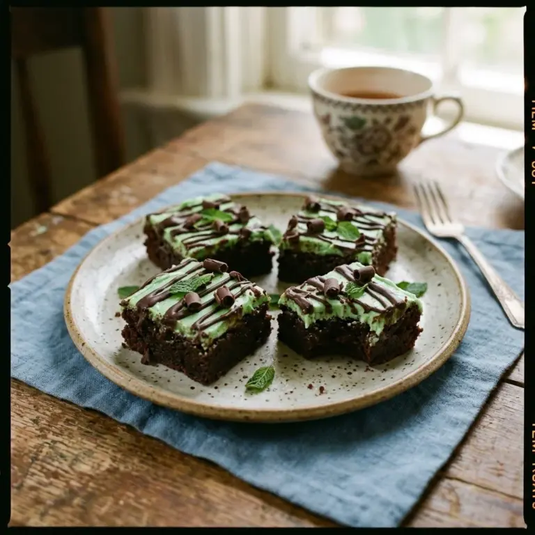 Delicious homemade mint brownies on a white plate with a mint leaf garnish.
