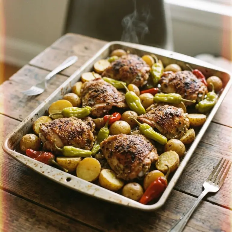 Sheet pan Mississippi Chicken and potatoes with spices and herbs