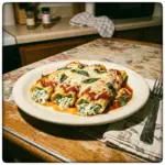 Plate of spinach and ricotta stuffed manicotti garnished with parsley