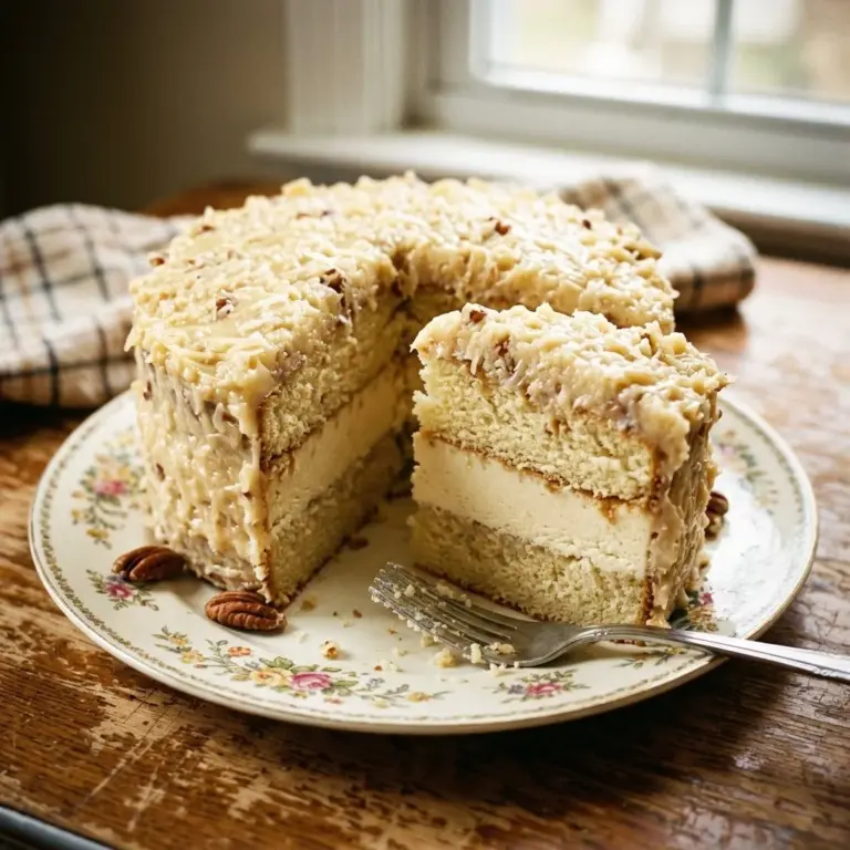White German chocolate cake with a creamy cheesecake center and chocolate frosting