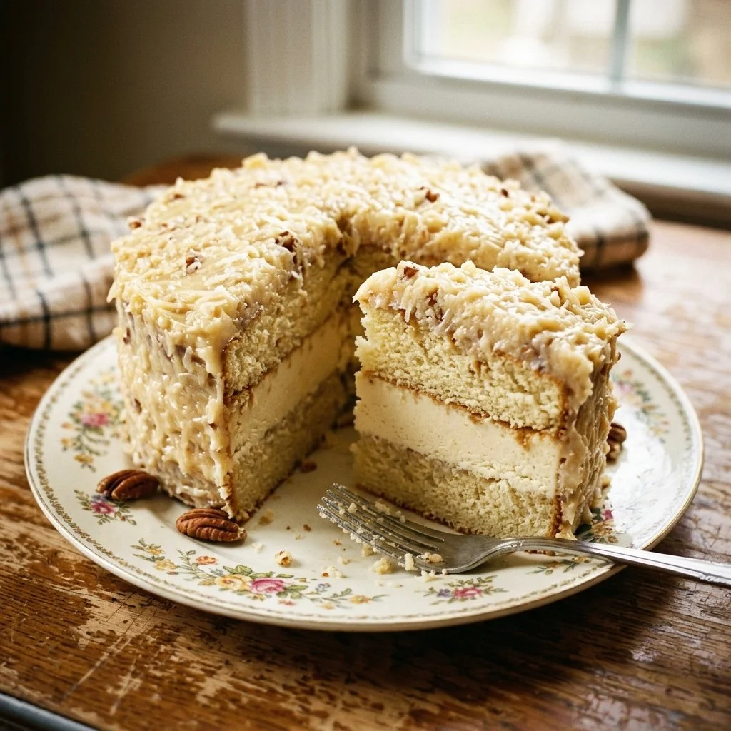 White German chocolate cake with a creamy cheesecake center and chocolate frosting