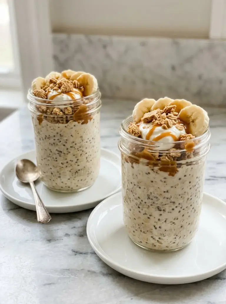 Banana cream pie protein overnight oats topped with fresh bananas and whipped cream.