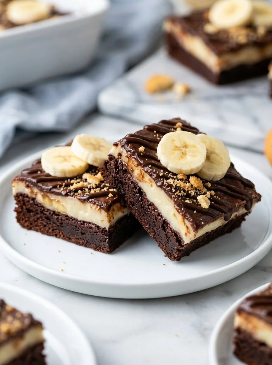 Delicious banana pudding brownies with creamy topping and vanilla flavors.