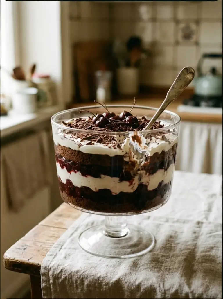 Delicious layered black forest trifle with chocolate, cherries, and whipped cream